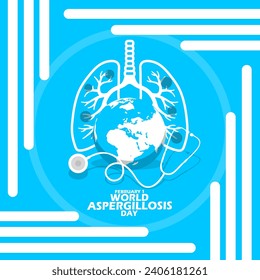 World Aspergillosis Day event banner. Illustration of a lung affected by fungus with an earth icon, stethoscope and bold text on light blue background to commemorate on February 1