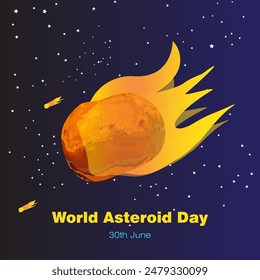 World Asteroid Day vector illustration of an asteroid streaking through space and stars in the background, as a banner or poster, International Asteroid Day. June 30.