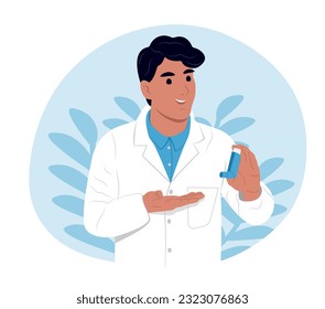 World Asthma and Allergy Day. A young smiling doctor man holds an inhaler for inhalation in his hands. Childrens doctor. Bronchial Asthma. Allergy, asthmatic. Inhalation drug. Bronchial asthma.
