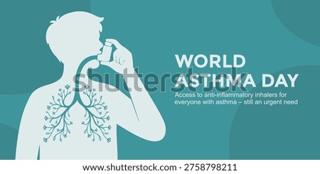 World Asthma Day banner featuring silhouette of a person using an inhaler with connected lungs visualization, highlighting the importance of access to anti-inflammatory inhalers for people with asthma worldwide. Vector Illustration