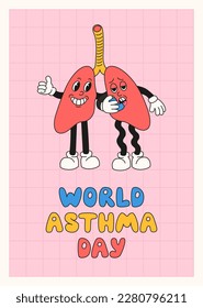 World Asthma Day banner template. Vector illustration of lungs as cute retro cartoon characters with inhaler. Bronchial asthma awareness sign.