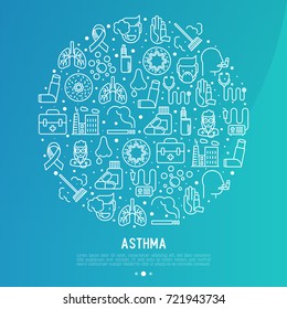 World asthma day concept in circle with thin line icons: air pollution, smoking, respirator, therapist, inhaler, bronchi, allergy symptoms and allergens. Vector illustration for banner, web page.