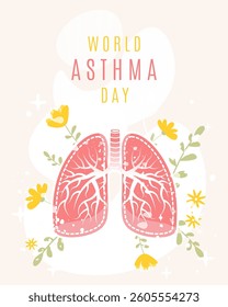 World Asthma Day concept with floral lungs. Vector illustration in hand drawn flat cartoon style. Perfect for social media cover, vertical banner, poster, flyer and so on