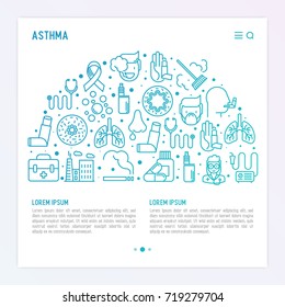 World asthma day concept in half circle with thin line icons: air pollution, smoking, respirator, therapist, inhaler, bronchi, allergy symptoms and allergens. Vector illustration for banner, web page.