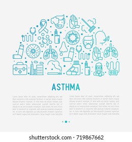 World asthma day concept in half circle with thin line icons: air pollution, smoking, respirator, therapist, inhaler, bronchi, allergy symptoms and allergens. Vector illustration for banner, web page.