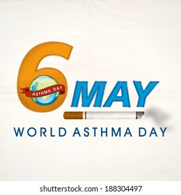 WeltAsthma-Tag-Konzept mit stylischem Text 6. Mai, Globus und Zigarette auf grauem Hintergrund. 