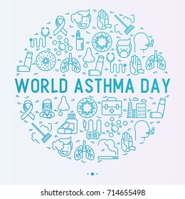 World asthma day concept with thin line icons: air pollution, smoking, respirator, therapist, inhaler, bronchi, allergy symptoms and allergens. Vector illustration for banner, web page, print media.