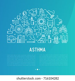 World asthma day concept with thin line icons: air pollution, smoking, respirator, therapist, inhaler, bronchi, allergy symptoms and allergens. Vector illustration for banner, web page, print media.