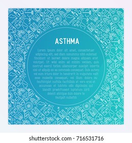 World asthma day concept with thin line icons: air pollution, smoking, respirator, therapist, inhaler, bronchi, allergy symptoms and allergens. Vector illustration for banner, web page, print media.