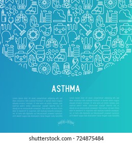 Weltasthma-Tageskonzept mit feinen Symbolen: Luftverschmutzung, Rauchen, Atemwege, Therapeut, Inhalator, Bronchi, Allergiesymptome und Allergene. Vektorillustration-Illustration für Banner, Webseite.