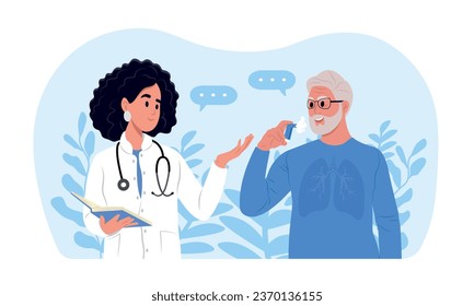 World Asthma Day. A doctor tells his patient how to use an inhaler during asthma attack. Allergy, asthmatic. Inhalation drug. Bronchial asthma.