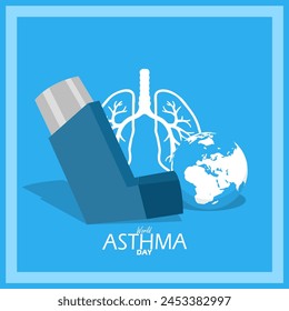 In: World Asthma Day Event Banner. Ein Inhalator mit Erde und Lungen in einem Rahmen auf hellblauem Hintergrund zur Erinnerung an den Mai