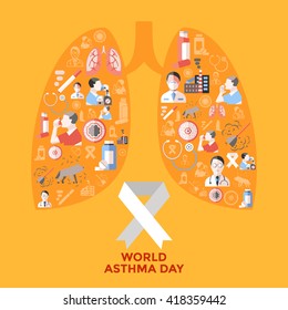 World asthma day icons set in shape of lungs with respiratory therapy on yellow background vector illustration