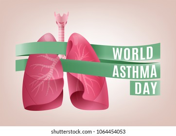 World asthma day. Landscape poster concept. Beautiful vector illustration with lungs image. Editable image in light pink and green colors 