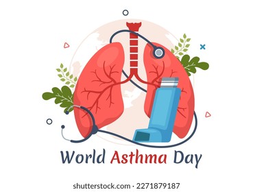 World Asthma Day on May 2 Illustration with Inhaler and Health Prevention Lungs in Flat Cartoon Hand Drawn for Web Banner or Landing Page Templates