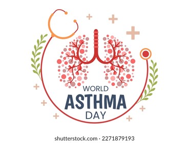 World Asthma Day on May 2 Illustration with Inhaler and Health Prevention Lungs in Flat Cartoon Hand Drawn for Web Banner or Landing Page Templates