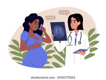 World Asthma Day. Pulmonary diseases. Allergy, asthmatic. A smiling doctor is holding an x-ray of a pregnant woman's lungs in his hand.