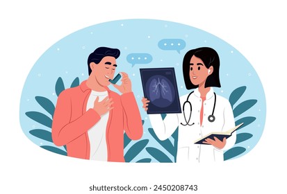 World Asthma Day. Pulmonary diseases. Allergy, asthmatic. X-ray of the lungs, the concept of pneumonia. A radiologist examines a patient's chest X-ray