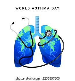 World asthma day, vector concept of world lungs and realistic stethoscope