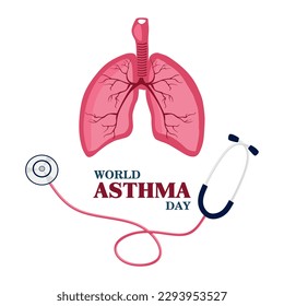 World Asthma Day. Vector illustration of stethoscope and human lungs with lettering World Asthma day isolated on white background