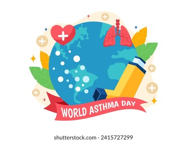 Ilustración del Vector del Día Mundial del Asma el 2 de mayo con inhalador, equipo médico y pulmones para la prevención de la salud en el fondo de la caricatura plana