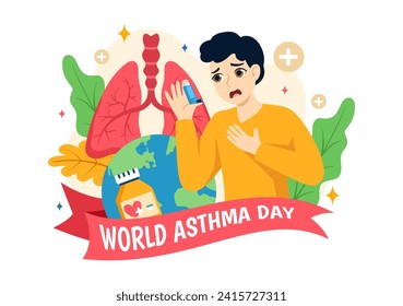 Ilustración del Vector del Día Mundial del Asma el 2 de mayo con inhalador, equipo médico y pulmones para la prevención de la salud en el fondo de la caricatura plana