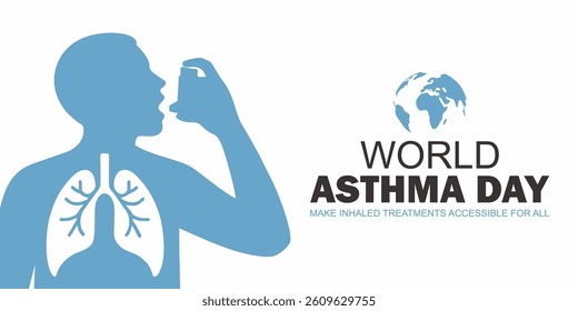 World asthma day. Vector illustration of World Asthma Day awareness poster with man using an inhaler, lung icon and globe background.