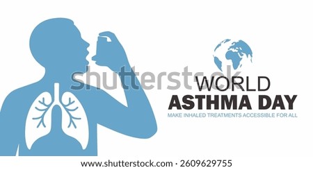 World asthma day. Vector illustration of World Asthma Day awareness poster with man using an inhaler, lung icon and globe background.