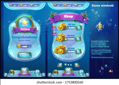 World of Atlantis - vector illustration shop and victory screen to the computer game. Bright background image to create original video or web games, graphic, screen savers. For design, websites, print