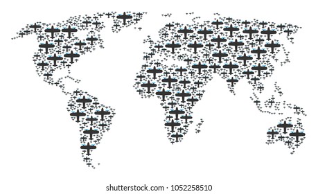 World atlas concept organized of aircraft design elements. Vector aircraft pictograms are combined into geometric geographic scheme.