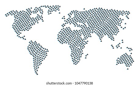 World atlas mosaic made of thumb up design elements. Vector thumb up items are combined into geometric continental atlas.