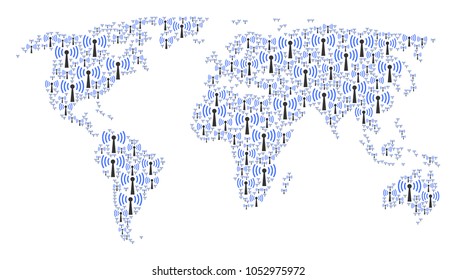 World atlas pattern organized of wi-fi station icons. Vector wi-fi station icons are composed into conceptual earth illustration.