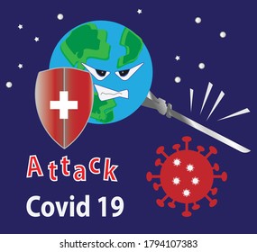 The World Attacking Covid 19  with sword dark blue background
