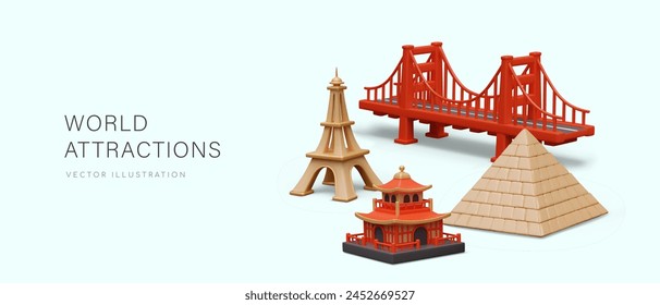 World attractions. Architectural monuments, buildings of different countries and eras