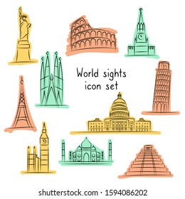 World attractions collection. Travel icon set. Hand drawn graphic.