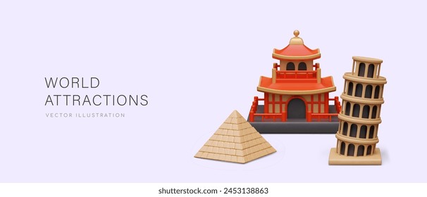 World attractions. Horizontal concept with famous buildings in realistic style