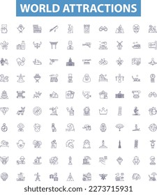 World attractions line icons, signs set. Sites, Destinations, Attractions, Monuments, Landmarks, Wonders, Ruins, Parks, Zoos outline vector illustrations.