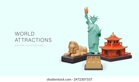 World attractions. Realistic Statue of Liberty, Great Sphinx, pagoda