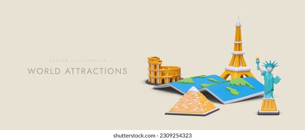World attractions. Tours to famous tourist destinations. Flights and trips to different countries. Ticket reservation services, organization of excursions. Modern web design template with 3D elements