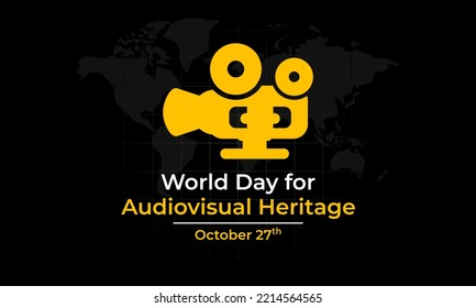 World Audiovisual Heritage Day Vector illustration with vintage camcorder icon and world map in trendy design style, observed each year on October 27 across the globe. Suitable for many purposes.
