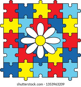 World autism awareness day. 2 April. Colorful puzzles. Medical vector illustration and  background. Symbol of autism. 
Chamomile in the center. Flat style. EPS10. 