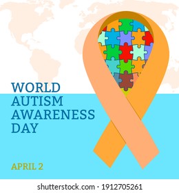 World autism awareness day 2 April with a curved ribbon symbol with a colorful puzzle in the middle and a world map in the background