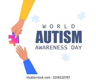 Día Mundial de Concienciación sobre el Autismo. Mano de adulto sosteniendo la pieza colorida del rompecabezas y sosteniendo la mano del niño. Concepto de niños autistas. Dificultad social. Trastorno por discapacidad mental. Vector