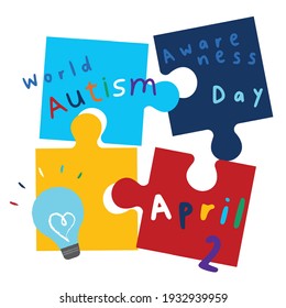 Día Mundial de Concienciación sobre el Autismo, 2 de abril, colorido tema vectorial gráfico para el logo o título de la campaña del evento, Trastorno del Espectro Autista (ASD), Fondo blanco. Fondo, rompecabezas de Jigsaw, Enciende azul.