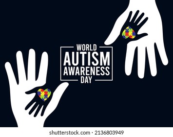 World autism awareness day. April 02. Puzzle with heart shape icon and hand icon. Poster or banner. Flat design vector illustration.