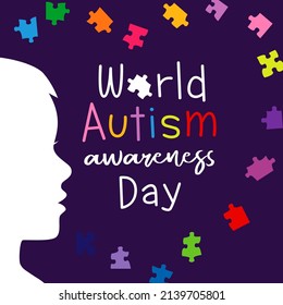 World Autism Awareness Day April 2, creative banner. 02 April holiday. Colorful puzzles, heart and kids face. Isolated abstract graphic design template. Educational games or clubs, background concept.