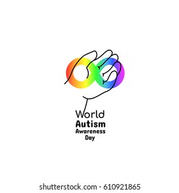 World Autism Awareness Day, April 2, 2017. Child Hand And Ribbon. Rainbow Color Of Infinity Symbolises Diversity Of Autism Spectrum. Vector Illustration, Isolated On White