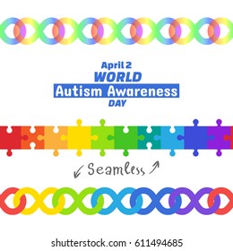 World Autism Awareness Day, April 2, 2017. Set Of Design Elements. Seamless Borders Puzzle Pieces And Infinity Symbol Rainbow Color Means Diversity Of Autism Spectrum. Vector Isolated On White