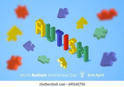 World autism awareness day. April 2. Vector banner design template. 3D text with colorful puzzles on blue background.	