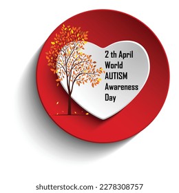 world Autism Awareness day badge design vector. World Autism Day April 2th. Red round and white love shape frame . Banner Poster Card. Autism awareness sign. illustration. April important day. medal.
